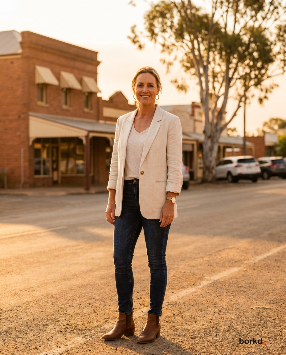 A confident regional marketing strategist on a sunlit Wagga Wagga main street